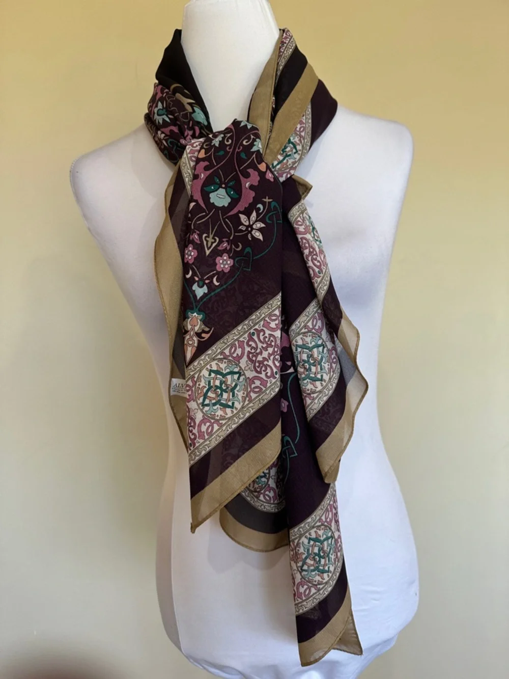 Eggplant Plum Scarf Floral Beige Border Teal Pink Lightweight Wrap by Alvise